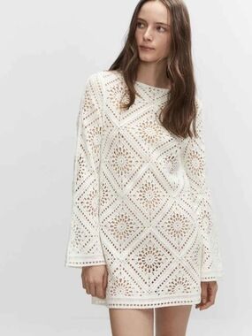 Mango White Crochet Knit Tunic Mini Dress XL
